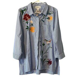 Peck & Peck Embroidered Stripe Button Down Shirt Size Large Bohemian Cottagecore